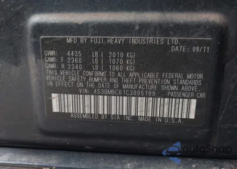 2012 Subaru Legacy 2.5I Premium from USA, damaged, VIN 4S3BMBC61C3005199